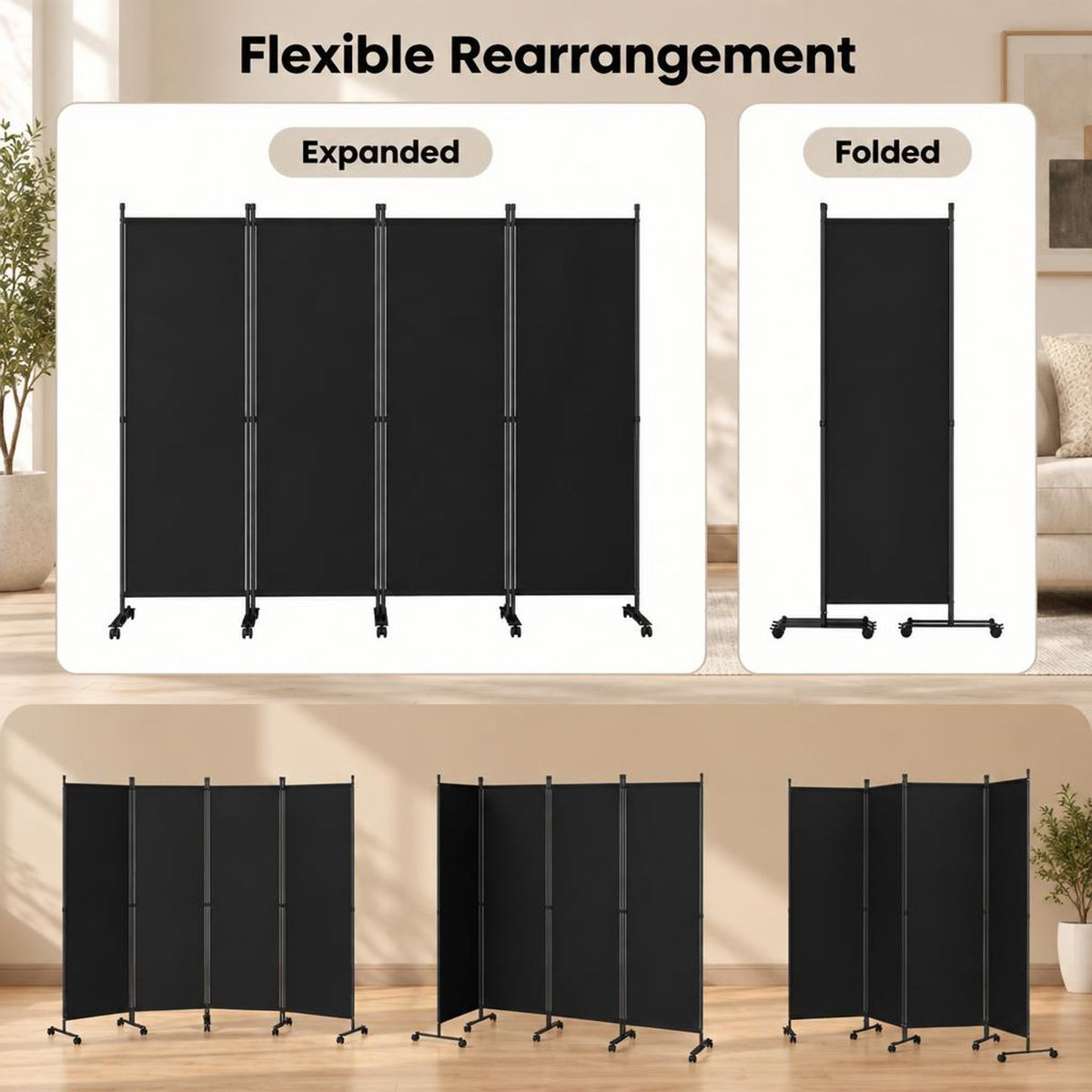 Airfind 4-Panel Room Divider with Lockable Wheels for Living Room, Polyester Fabric Metal Frame, 87in x 14in x 68in Footprint, Black