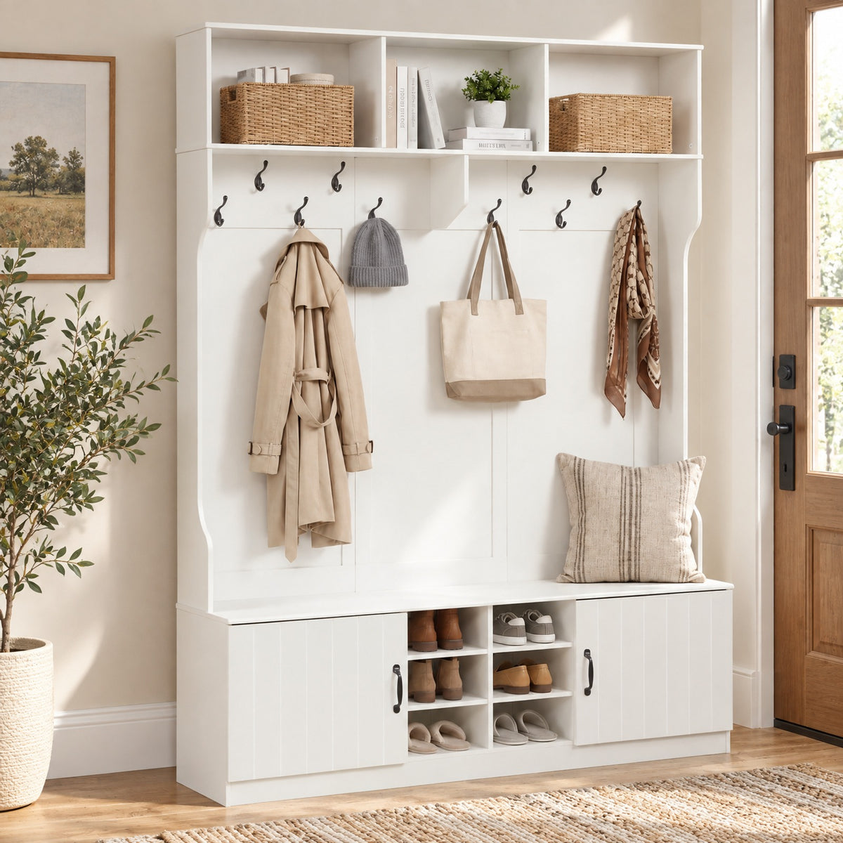 Airfind 59in Wide 6-in-1 Hall Tree with Bench and Storage, 155 lbs Capacity, Engineered Wood MDF Frame, 59in × 16in × 80in Footprint, White