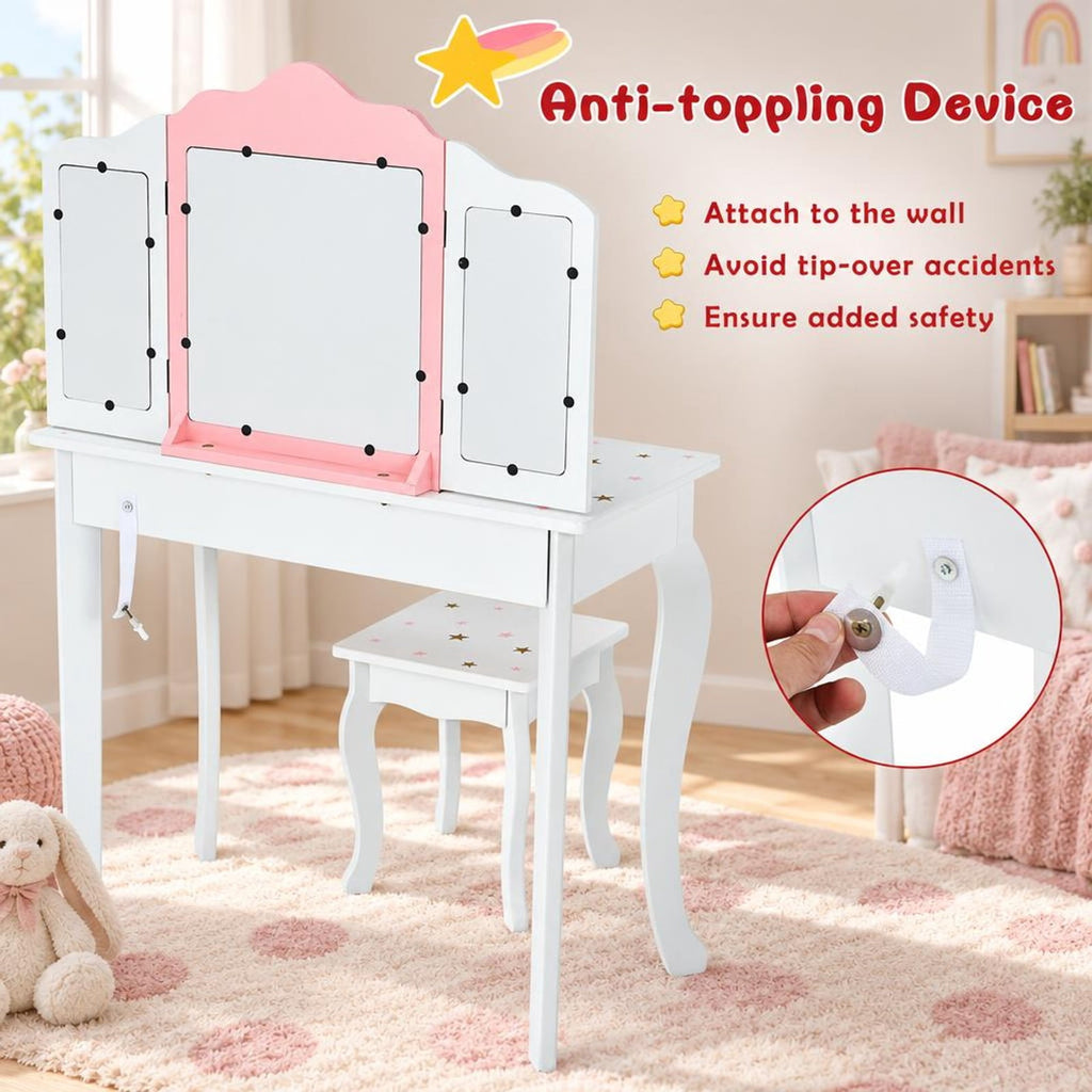 Airfind Kids Princess Vanity Table and Stool Set with Tri-folding Mirror and Drawer, 44 lbs Capacity, MDF Frame, White