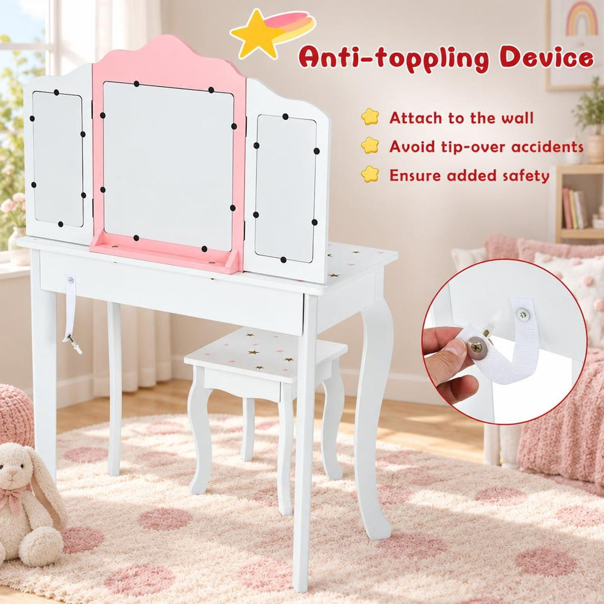 Airfind Kids Princess Vanity Table and Stool Set with Tri-folding Mirror and Drawer, 44 lbs Capacity, MDF Frame, White