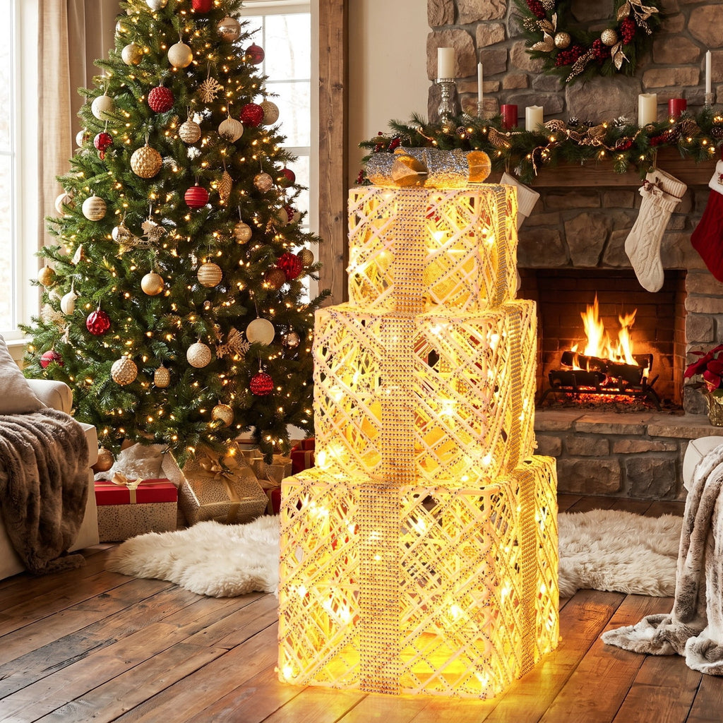 Airfind 3 Pack Christmas Lighted Gift Box with 50 LED Lights and Detachable Bows, PVC Metal Frame, 10in x 10in x 9in Footprint, White