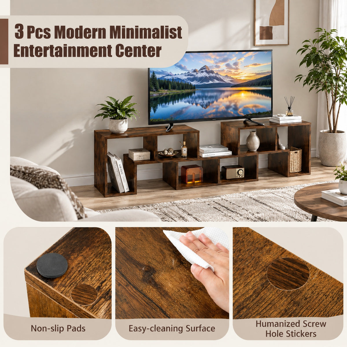 Airfind 3 Pieces Console TV Stand for TVs up to 65 Inch with Shelves, 176 lbs Capacity, Brown, Dimensions of Rectangular Shelf 26.5 x