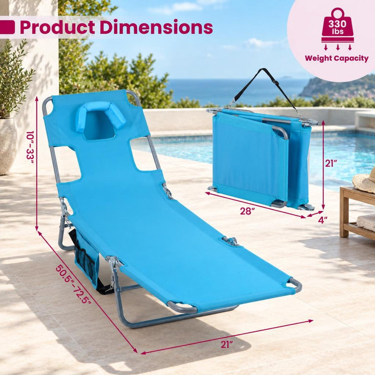 Airfind Folding Beach Lounge Chair with Adjustable Backrest for Lawn, 330 lbs Capacity, Metal Oxford Fabric Polyester Sponge Frame
