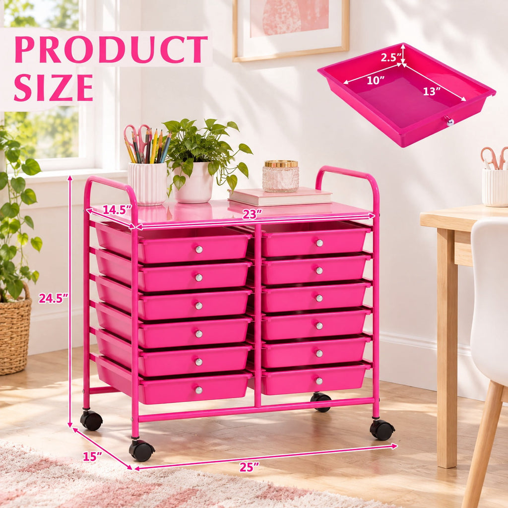 Airfind 12 Drawers Rolling Storage Cart for Home and Office, Steel Frame, 25inx15inx 34in Footprint, Pink