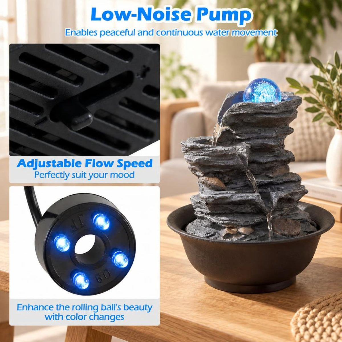 Airfind Tabletop Water Fountain with Rolling Crystal Ball and Color-Changing LED Light-C, PP Resin Fiberglass Style A Frame, 8.5 x 10.5 Footprint