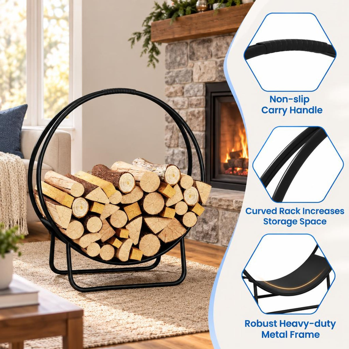 Airfind Firewood Log Hoop 20 Inch Round Heavy, 55 lbs Capacity, Metal Frame, 20 x 20 x 22 Footprint, Black