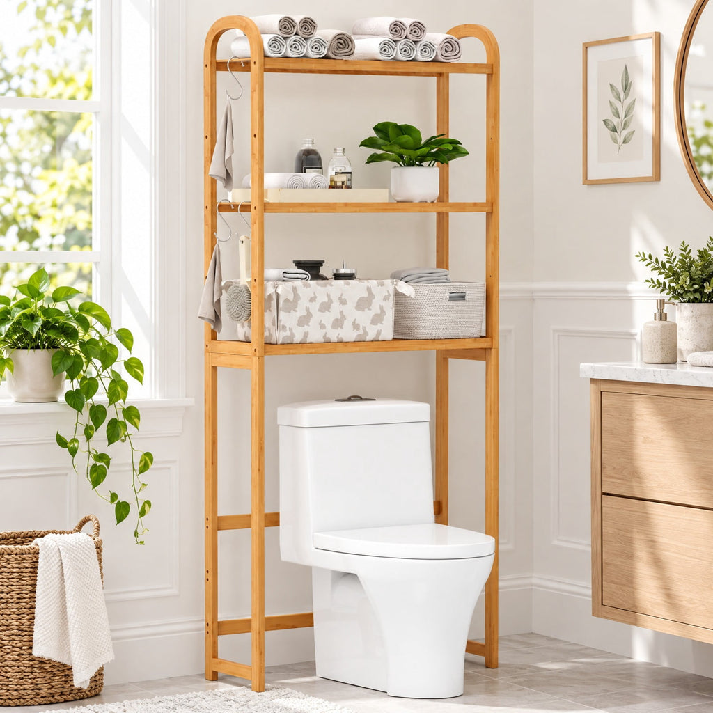 Airfind 3-Tier Bamboo Bathroom Floor Organizer with 5-Position Shelves and 3 Hooks, 132 lbs Capacity, Bamboo Frame, Natural