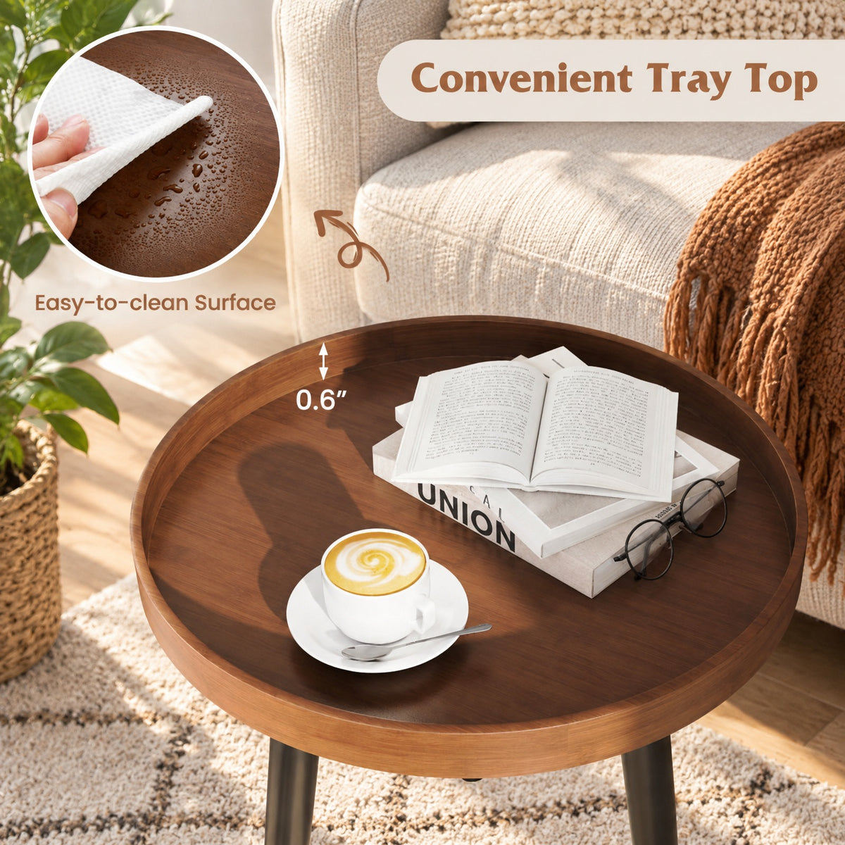 Airfind Mid Century Modern Round Side Sofa Coffee Table with Wooden Tray, 33 lbs Capacity, MDF panel bamboo feet Frame, Brown
