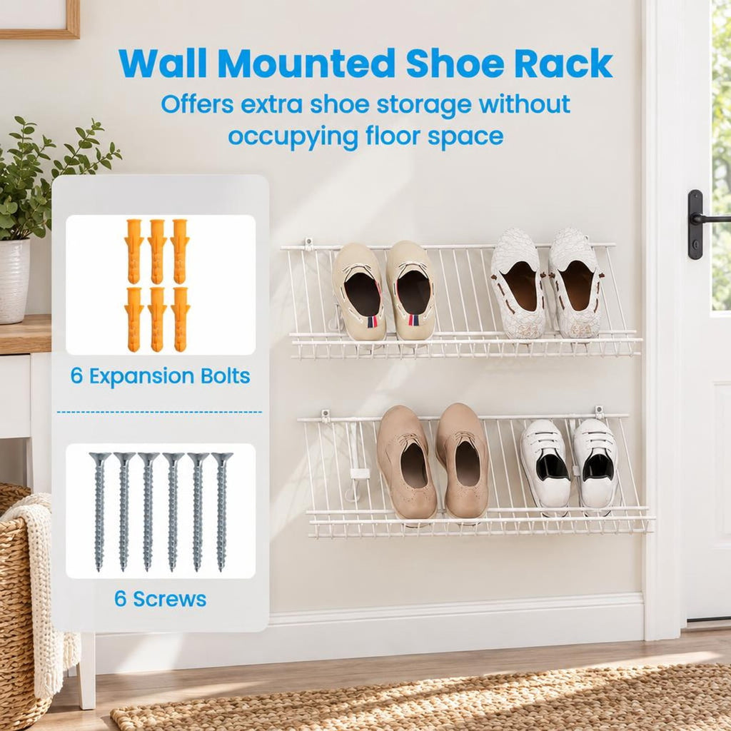 Airfind Closet Shelves Wall Mounted Set of 2 Metal Wire Shoe Racks, 11 lbs Capacity, Metal Frame, 24 Inch x 12 Inch x 1 Inch Footprint, White