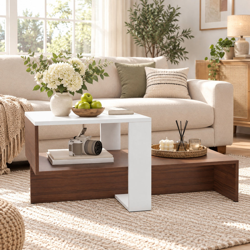 Airfind 2-Tier Geometric Coffee Table with Storage Shelves for Living Room and Reception Room, 110 lbs Capacity, Engineered Wood Frame, White