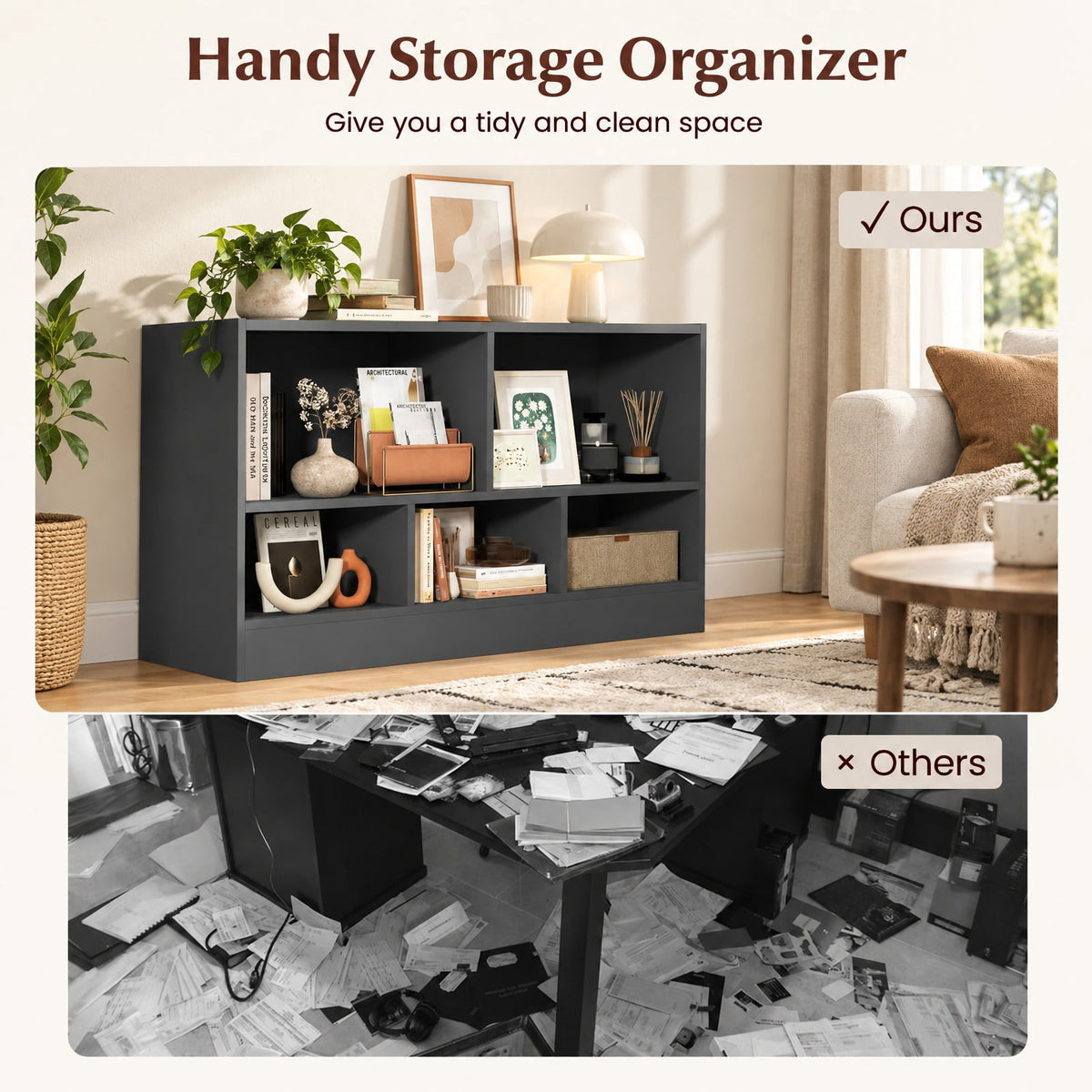 Airfind Kids 5-Cube Bookcase and Toy Storage Organizer, 2-Tier Low Shelf, 44 Inches Wide, for Playroom and Bedroom, Gray