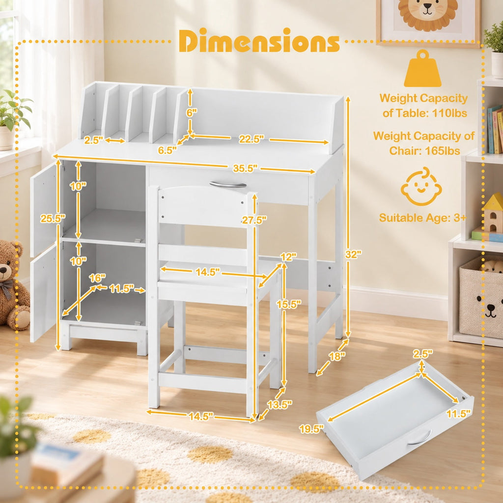 Airfind Wooden Kids Study Desk and Chair Set Student Workstation, 110 lbs Capacity, MDF Solid Wood Frame, for 3+, 35.5 x 18 x 32 Footprint, White