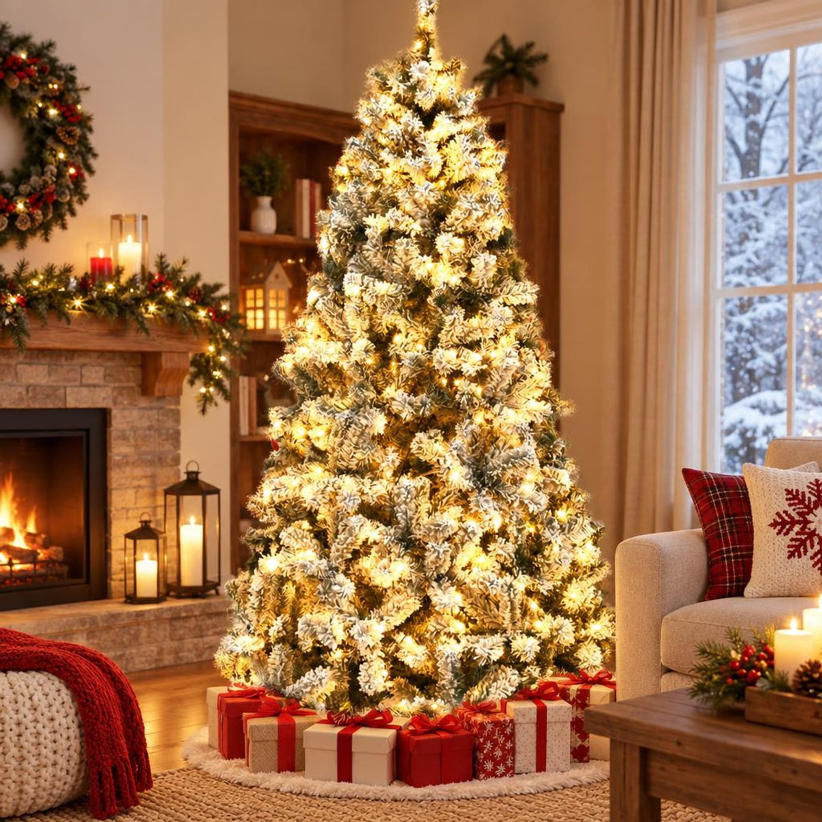 Airfind Pre-lit Snow-flocked Christmas Tree 6 Ft with Hinged PVC Branches and Metal Stand for Indoor Holiday Decor, White