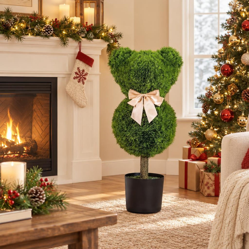Airfind 2 Pieces Bear Topiary Trees with Pots Sun-resistant Bear, PE PP Cement Frame, 10 Inch x 9 Inch x 24.5 Inch Pot Footprint, Green + Golden