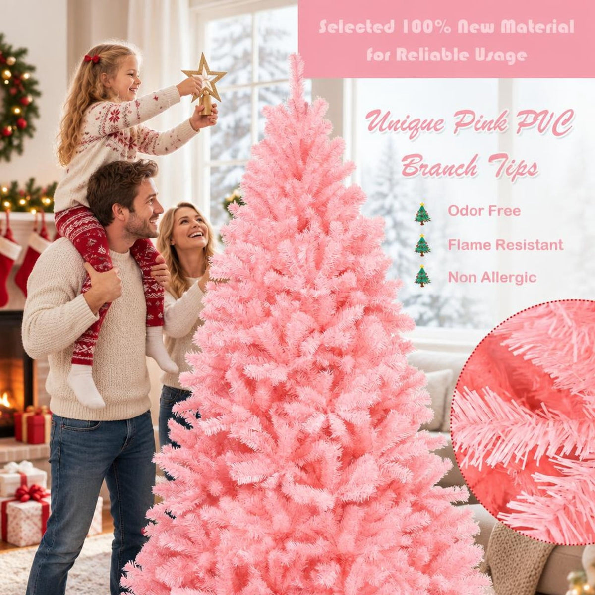 Airfind 7.5 Feet Hinged Artificial Christmas Tree Full Fir Tree, New PVC metal Length:7.5 ft Width:4.3 ft Frame, Pink