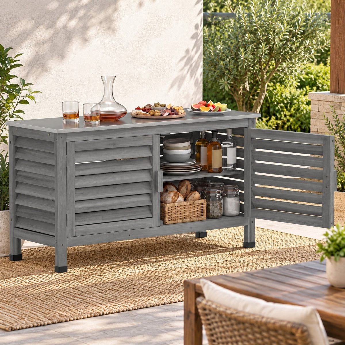 Airfind Patio Storage Cabinet with Stainless Steel Countertop and L-Shaped Shelf for Garden, 66 lbs Capacity, Fir Wood Stainless Steel Rubber Frame