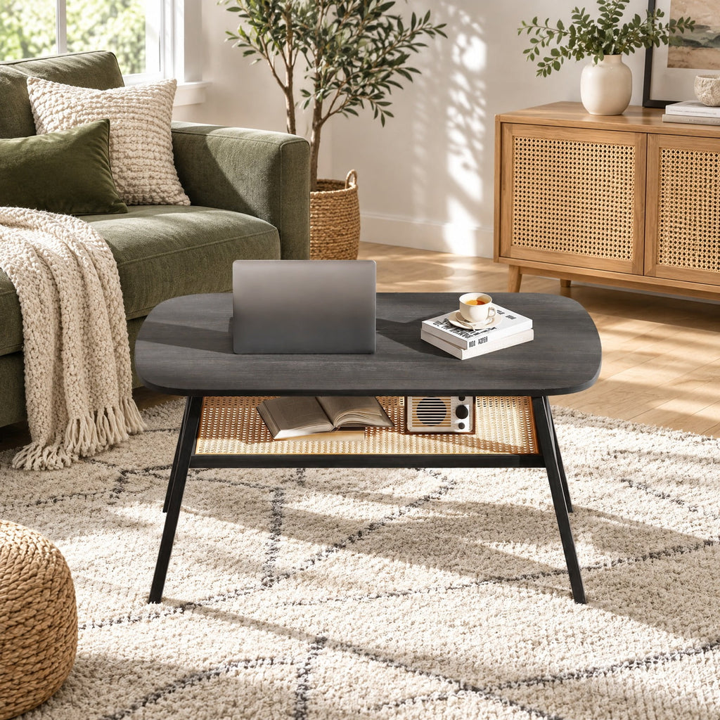Airfind 2-Tier Rectangular Center Coffee Table with Rattan Storage Shelf and Rubber Wood Legs, 220 lbs Capacity, 39.5 x 22 x 17.5 Footprint