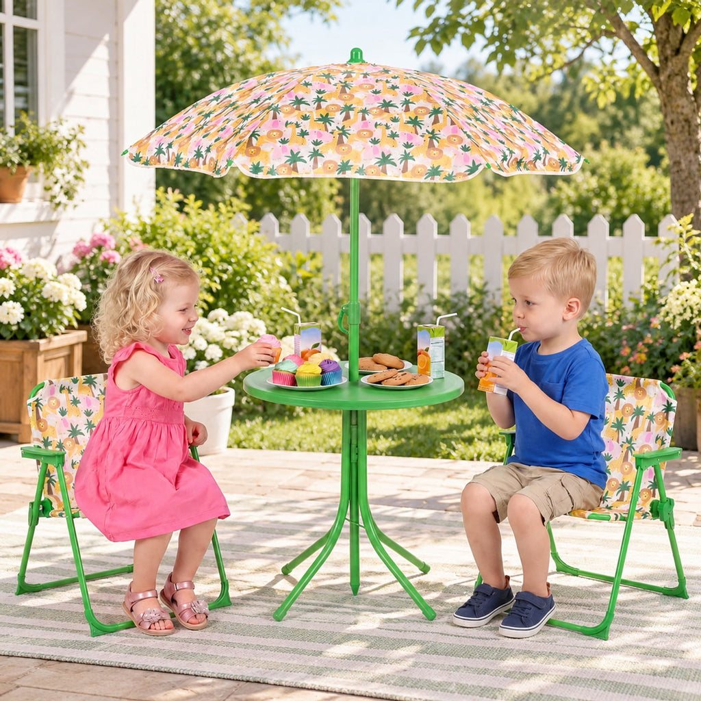 Airfind Kids Outdoor Table and Chair Set with 2 Folding Chairs and Height Adjustable Umbrella, 165 lbs Capacity, for 3-6 Years Old, Beige