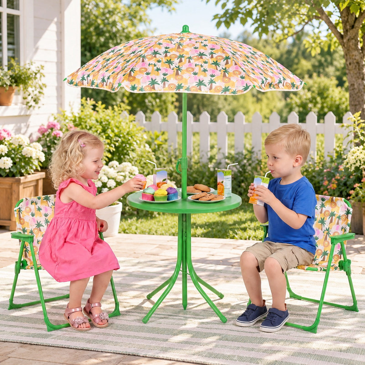Airfind Kids Outdoor Table and Chair Set with 2 Folding Chairs and Height Adjustable Umbrella, 165 lbs Capacity, for 3-6 Years Old, Beige