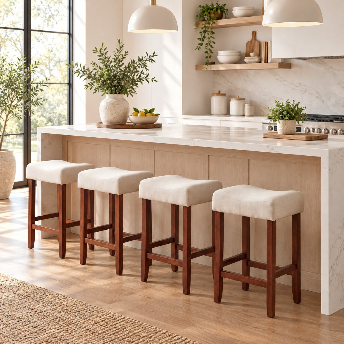 Airfind Set of 2 24 Inch Bar Stool with Curved Seat Cushions, 330 lbs Capacity, Rubber Wood Linen Fabric Sponge Frame, White