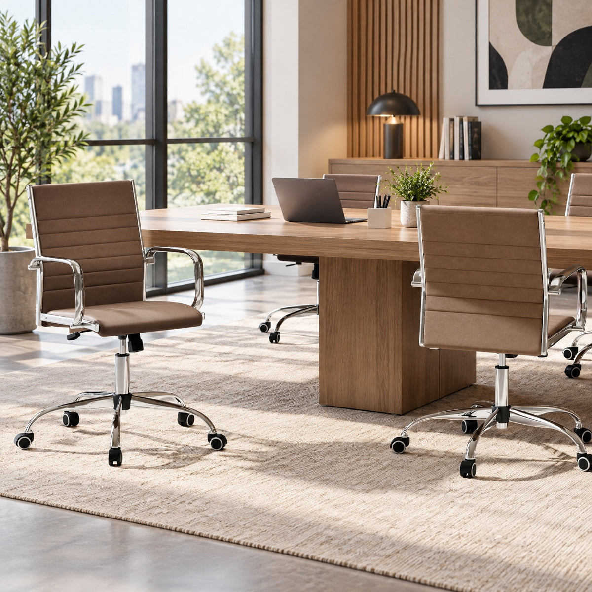 Airfind Office Chair Height Adjustable Conference Room Chair with Rocking Backrest Armrests, 330 lbs Capacity, PU Leather Sponge Metal Frame, Brown