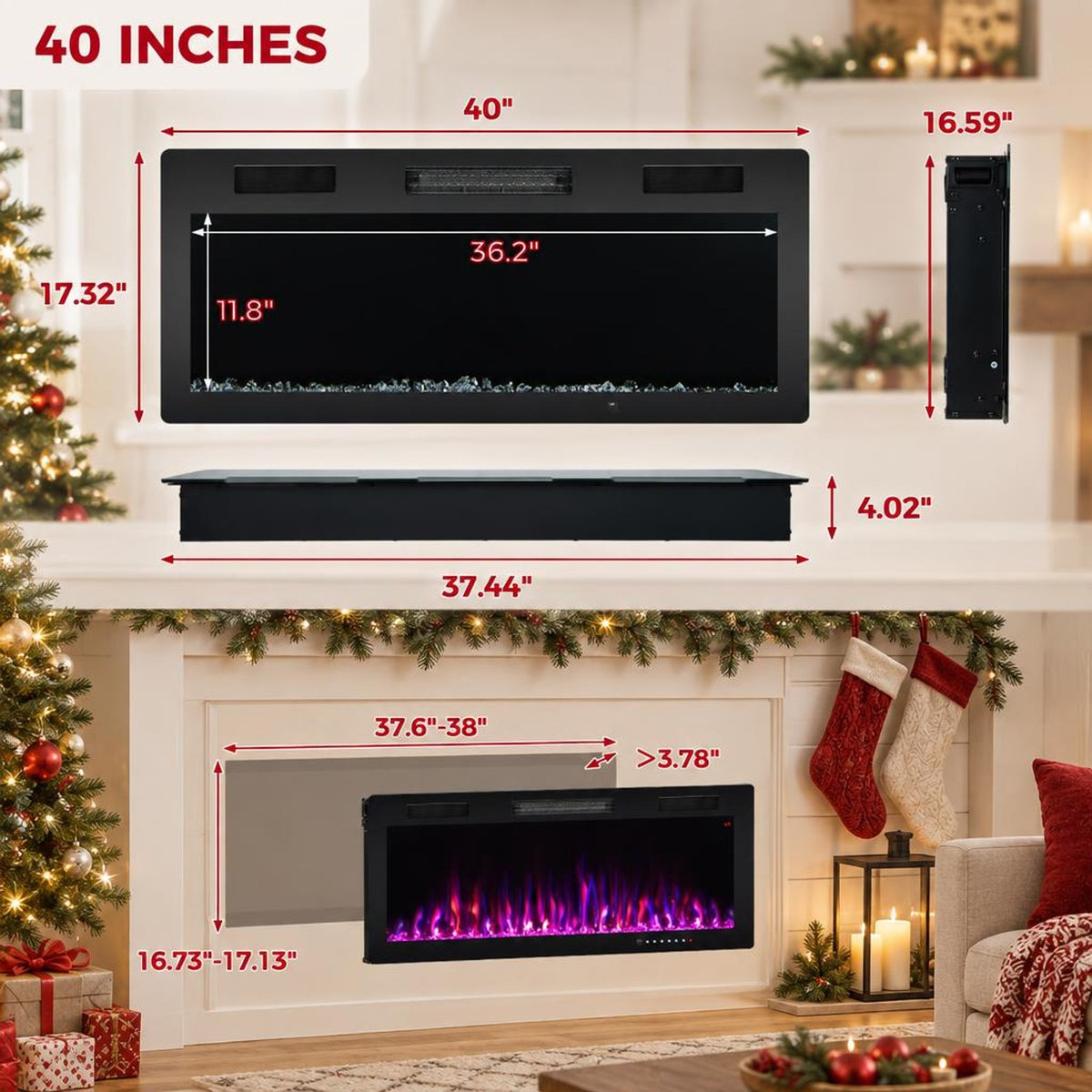 Airfind Electric Fireplace 40/50/60 Inches Recessed and Wall Mounted for 2ft x 6ft Stud-40 Inches, CRS Tempered Glass Frame, Black