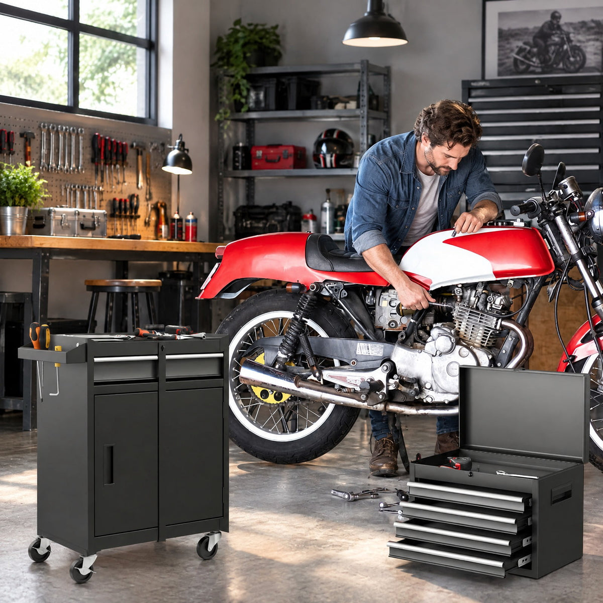 Airfind 2-in-1 Tool Chest and Cabinet with 5 Sliding Drawers, 220.5 lbs Capacity, Steel rubber-plastic synthetic Frame, Black