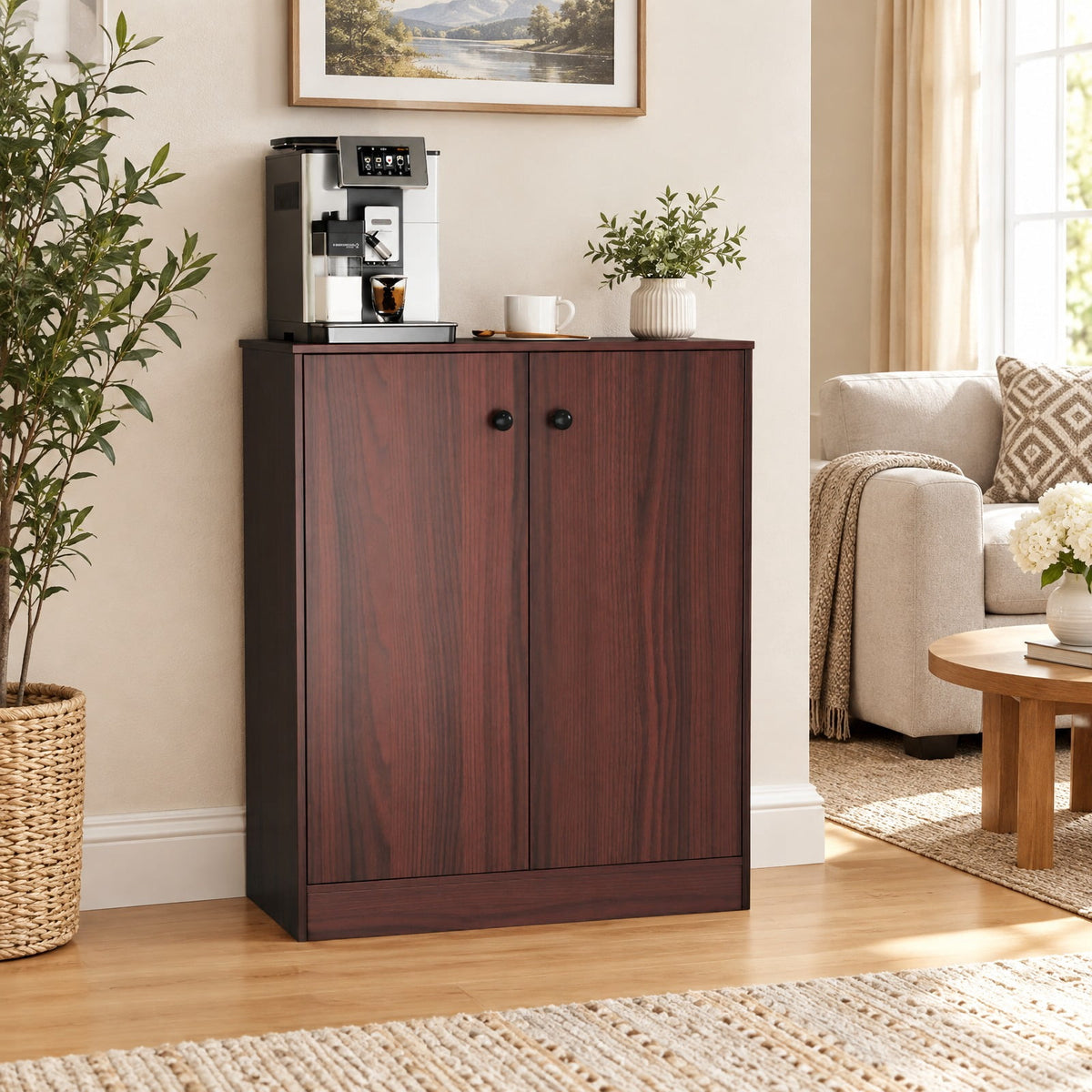 Airfind 2-Door Modern Floor Storage Cabinet with 3-Tier Shelf, 110 lbs Capacity, Engineered Wood MDF Frame, 27.5in x 13.5in x 33.5in Footprint, Brown