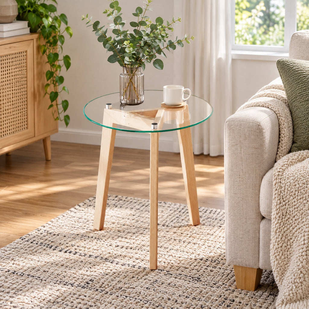 Airfind Tempered Glass End Table Round with Solid Rubber Wood Structure-Set of 2, 110 lbs Capacity, Tempered Glass Rubber Wood Plywood Frame