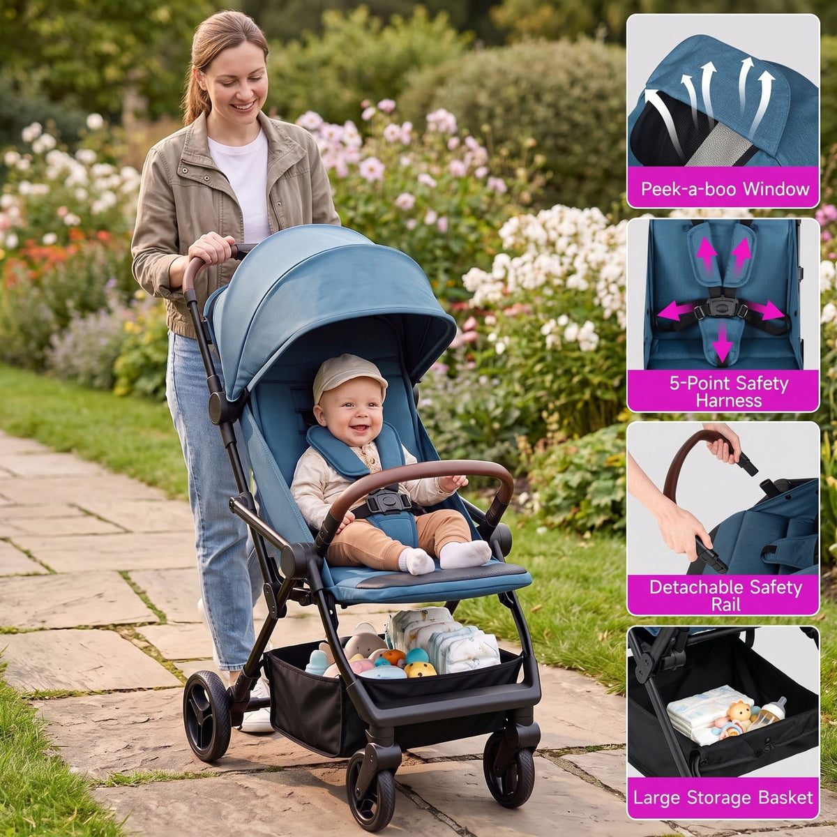 Airfind Lightweight Baby Stroller with One-Hand Folding and Adjustable Canopy for Toddlers, 50 lbs Capacity, Metal Aluminum Fabric Frame, Blue