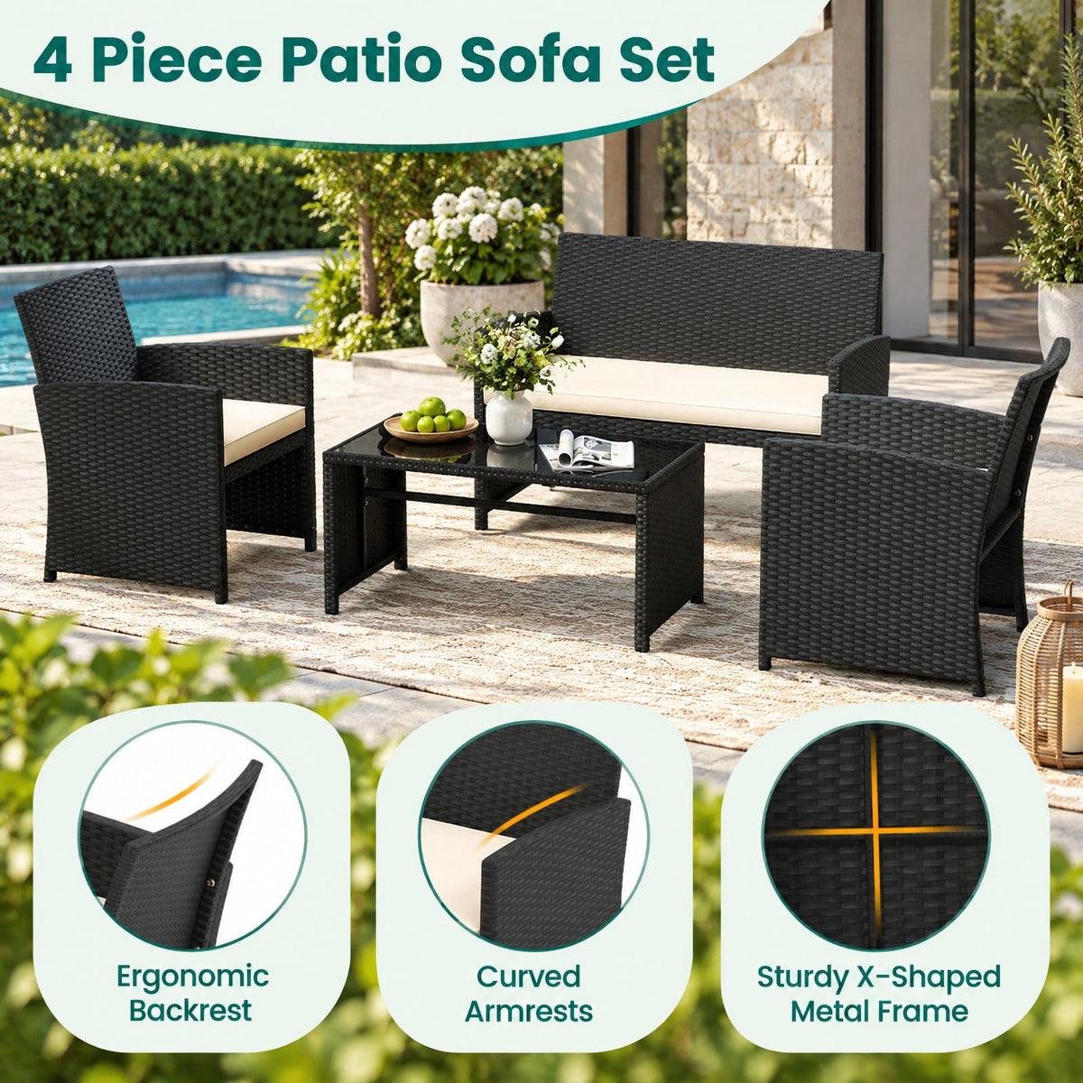Airfind 4 Pieces Patio Furniture Set with Tempered Glass Tabletop and Removable Cushion, 400 lbs Capacity, Rattan Steel Sponge Frame, White