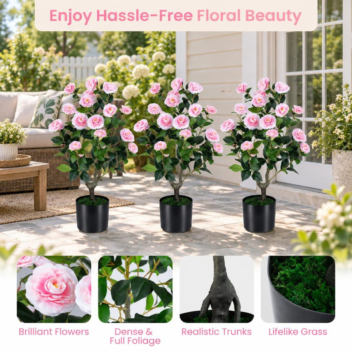 Airfind Artificial Camellia Tree Faux Flower Plant in Cement-Filled Pot, PE PP Cement Overall Height 35.5 Flower Pot Height 5 Flower Pot Frame
