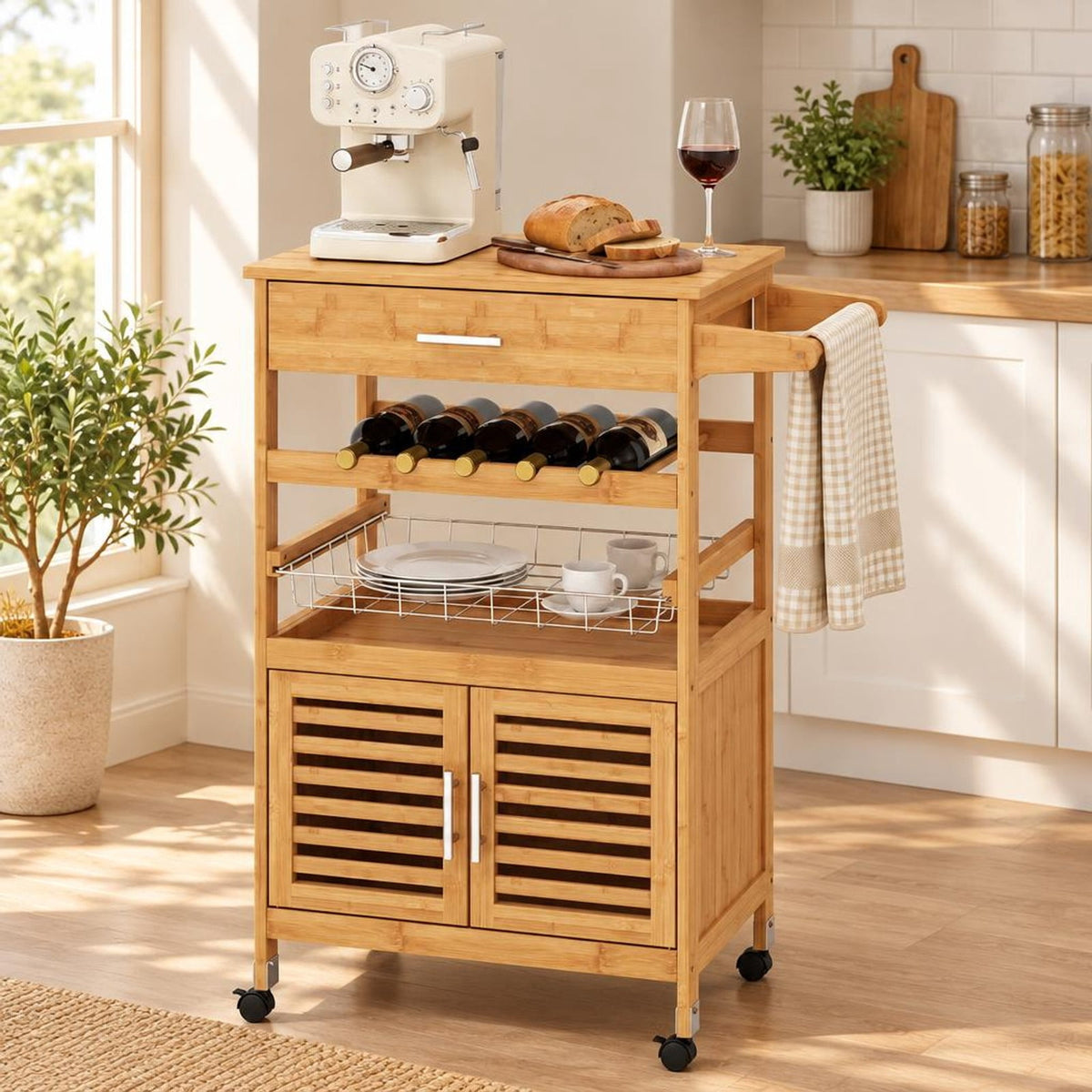 Airfind Bamboo Rolling Kitchen Island Trolley with Storage Cabinet and Wine Rack, 66 lbs Capacity, Bamboo Engineered Wood Metal Frame, Natural