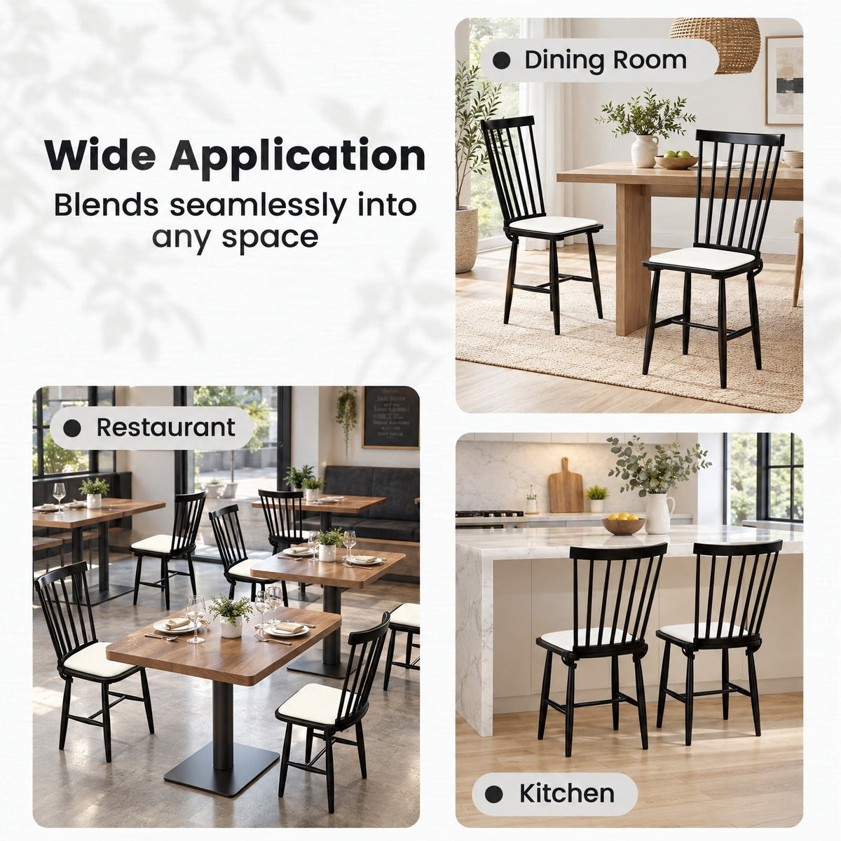 Airfind Dining Chairs Set of 2 Farmhouse Solid Rubber Wood Windsor Chairs with Removable Seat Cushions, 420 lbs Capacity, Black