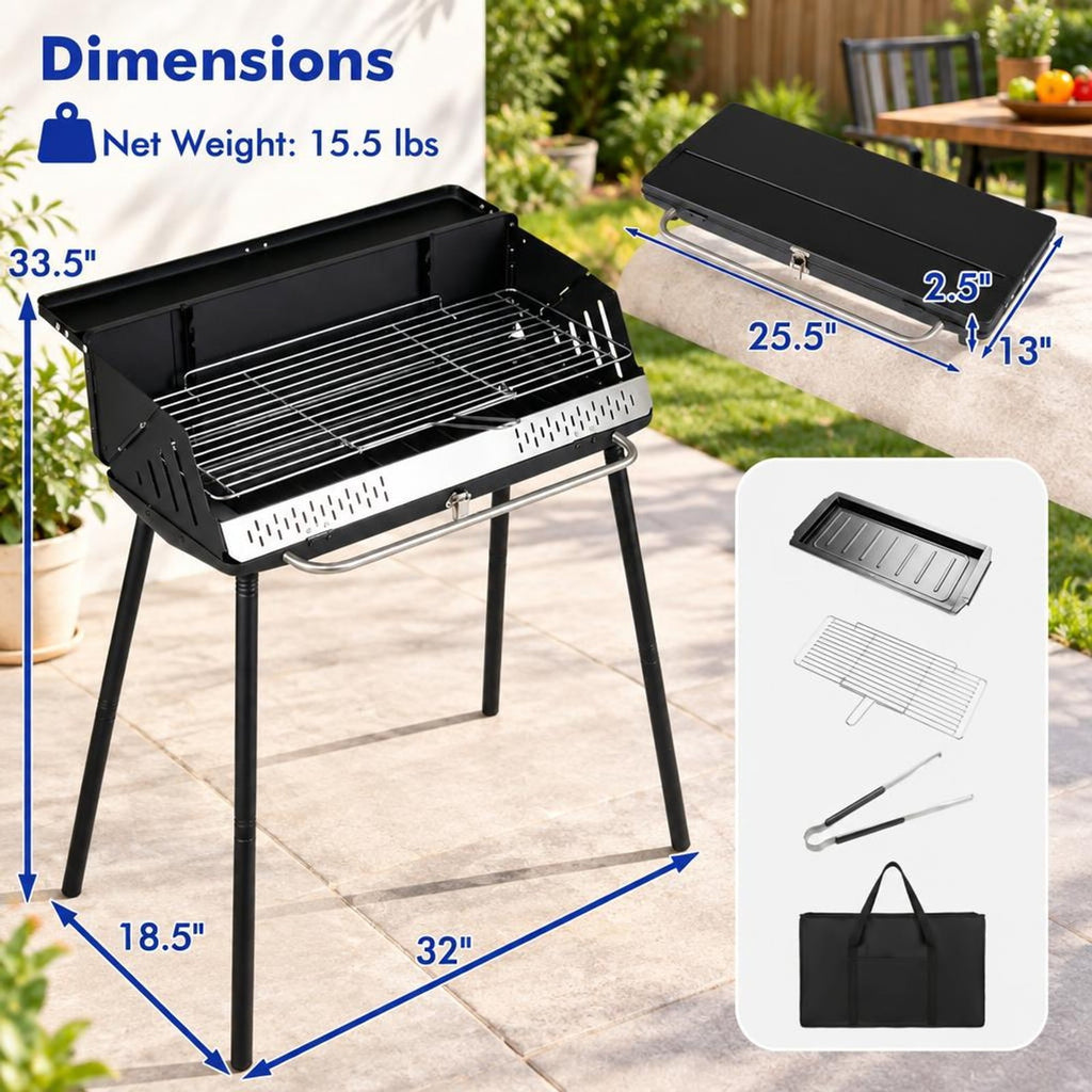 Airfind Portable Grill with Detachable Legs Adjustable Grate and Carrying Bag, 32 Inch x 18.5 Inch x 33.5 Inch Footprint for Everyday Use, Charcoal