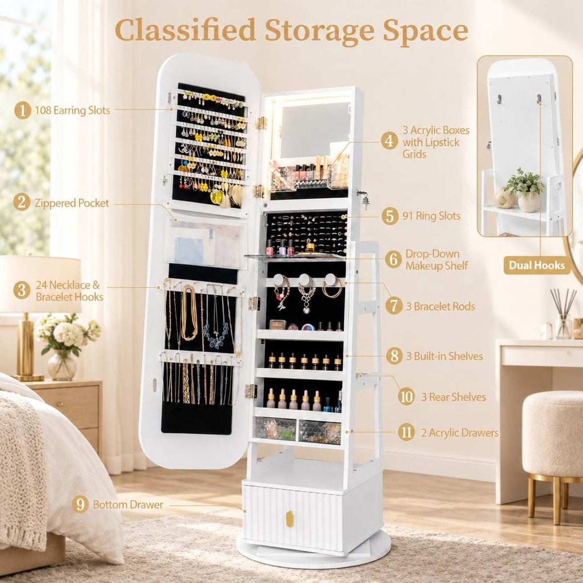 Airfind 360° Swivel Jewelry Cabinet with Full-Length Mirror and Dual Hooks, Engineered Wood Frame, 22 x 22 x 64.5 Footprint, White