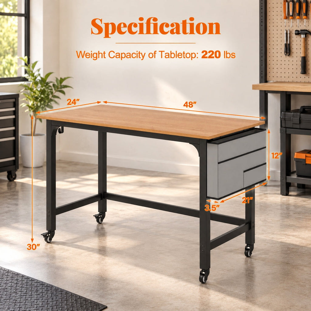 Airfind 48 Inch Rolling Computer Desk with Heavy-duty Metal Frame for Home and Office, 220 lbs Capacity, Engineered Wood Metal Frame, Natural