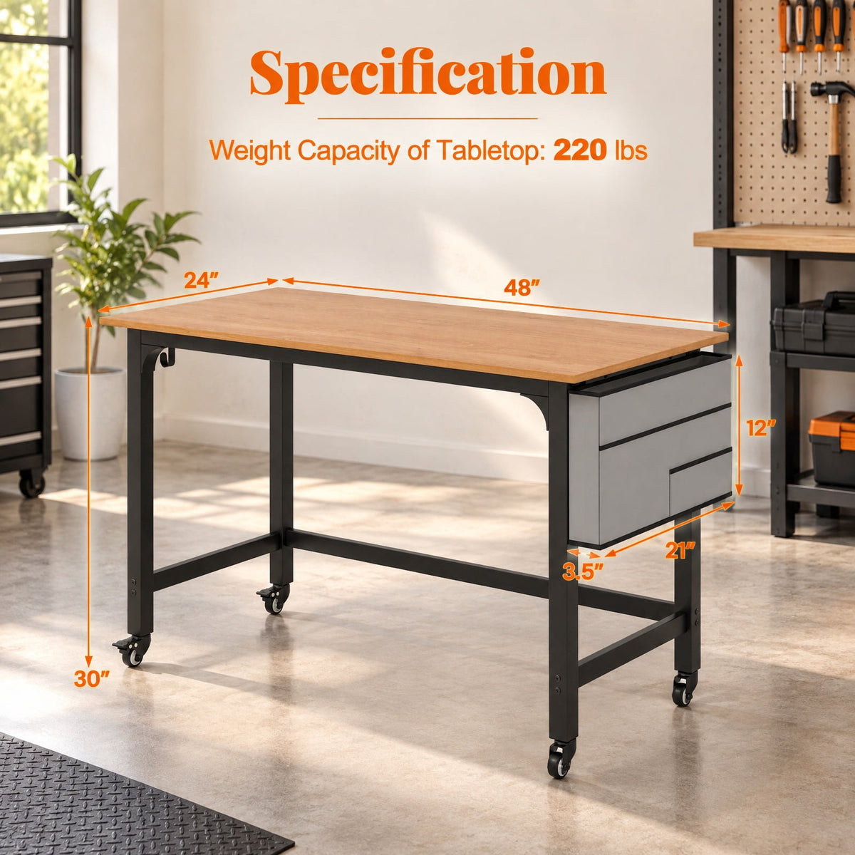 Airfind 48 Inch Rolling Computer Desk with Heavy-duty Metal Frame for Home and Office, 220 lbs Capacity, Engineered Wood Metal Frame, Natural