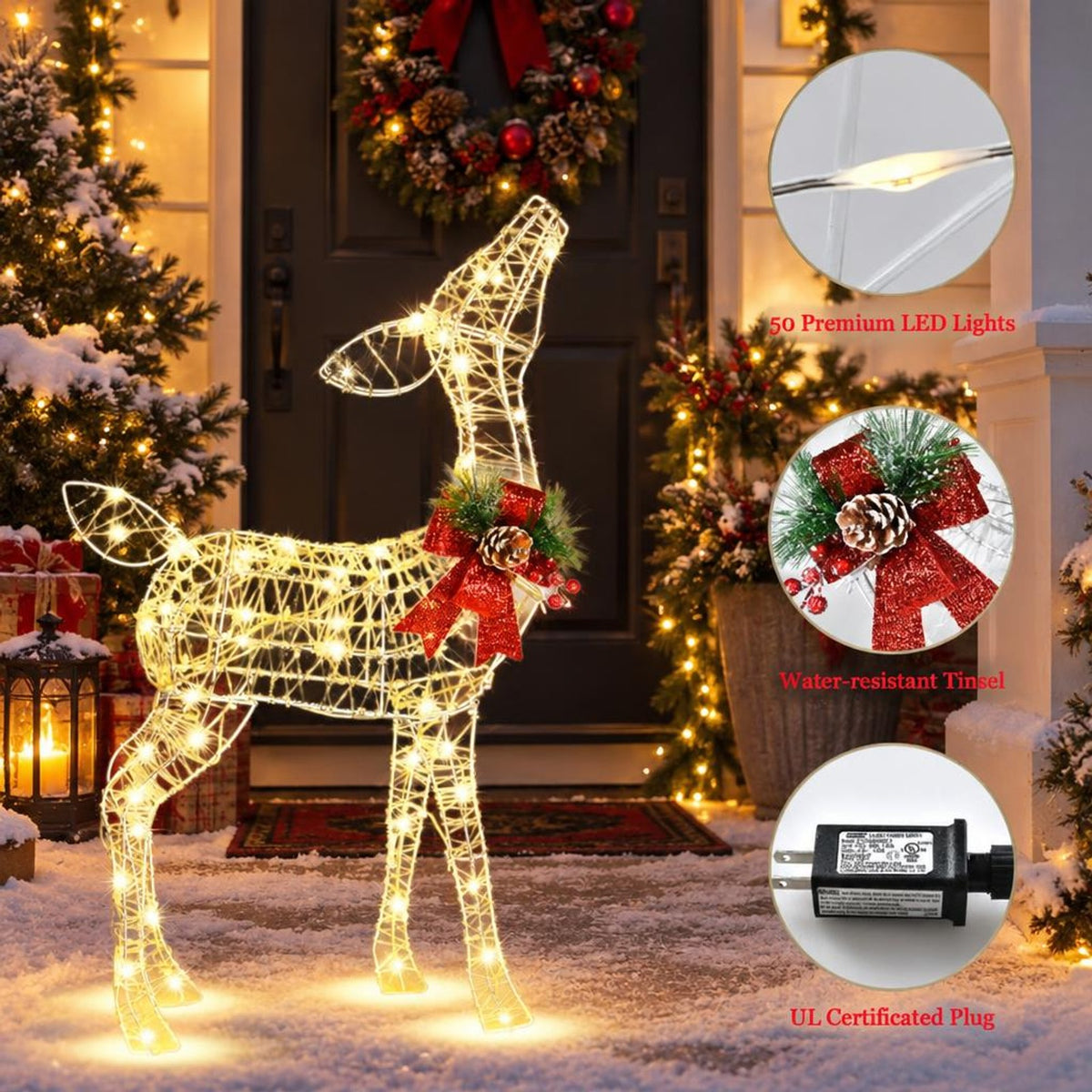 Airfind 34.5 Inch Lighted Christmas Reindeer Decoration with 50 Warm White LED Lights, White, Dimension 20.5 Inch x 8 Inch x 34.5 Inch (L x W x H)