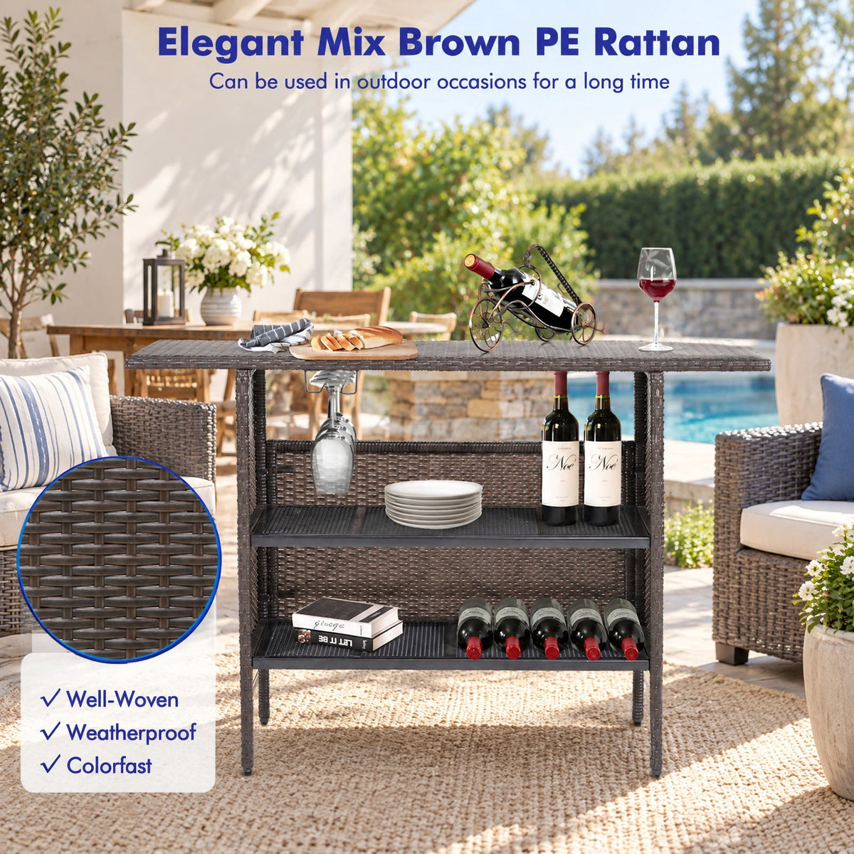 Airfind Outdoor Wicker Bar Table with 2 Metal Mesh Shelves, PE rattan steel Frame, 55 x 18.5 x 36 Footprint, Mix brown