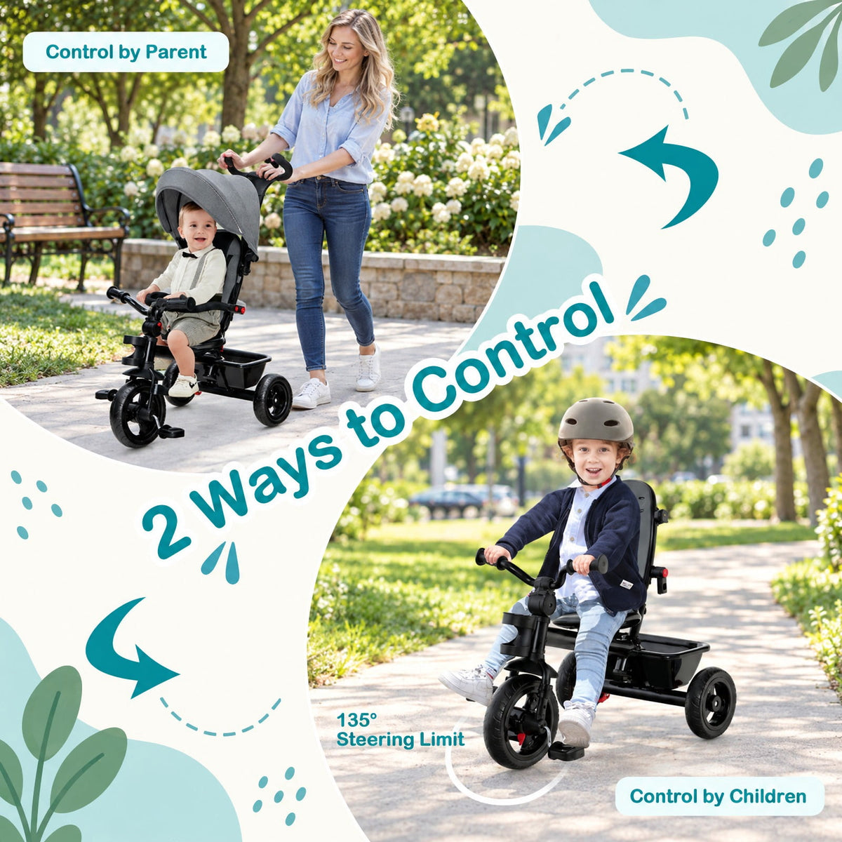 Airfind 4-in-1 Baby Tricycle Toddler Trike with Convertible Seat, 55 lbs Capacity, Steel polyester fabric PP EVA Frame, Gray