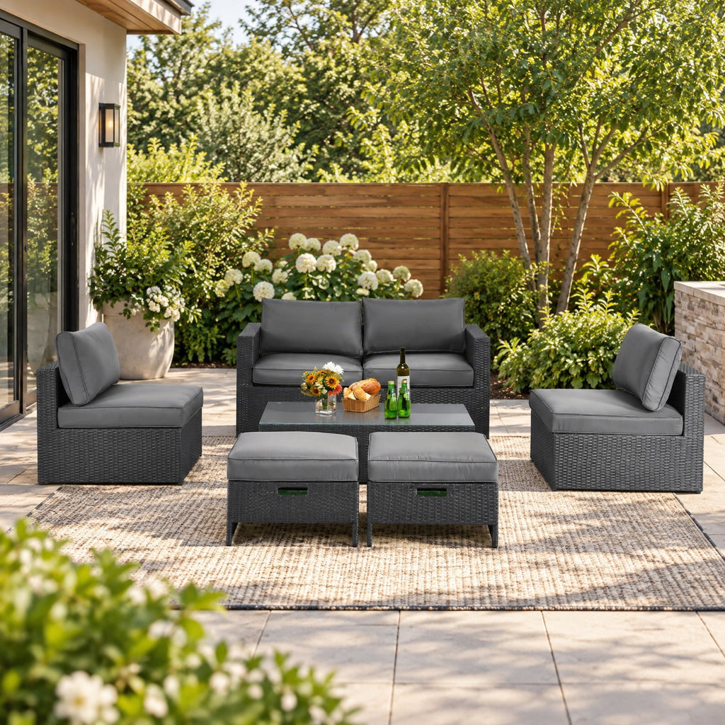 Airfind 6 Pieces Patio Rattan Furniture Set with Glass Table and Cushioned Seat, 530 lbs Capacity, Steel Frame, 60 x 28.5 x 25 Footprint, Gray