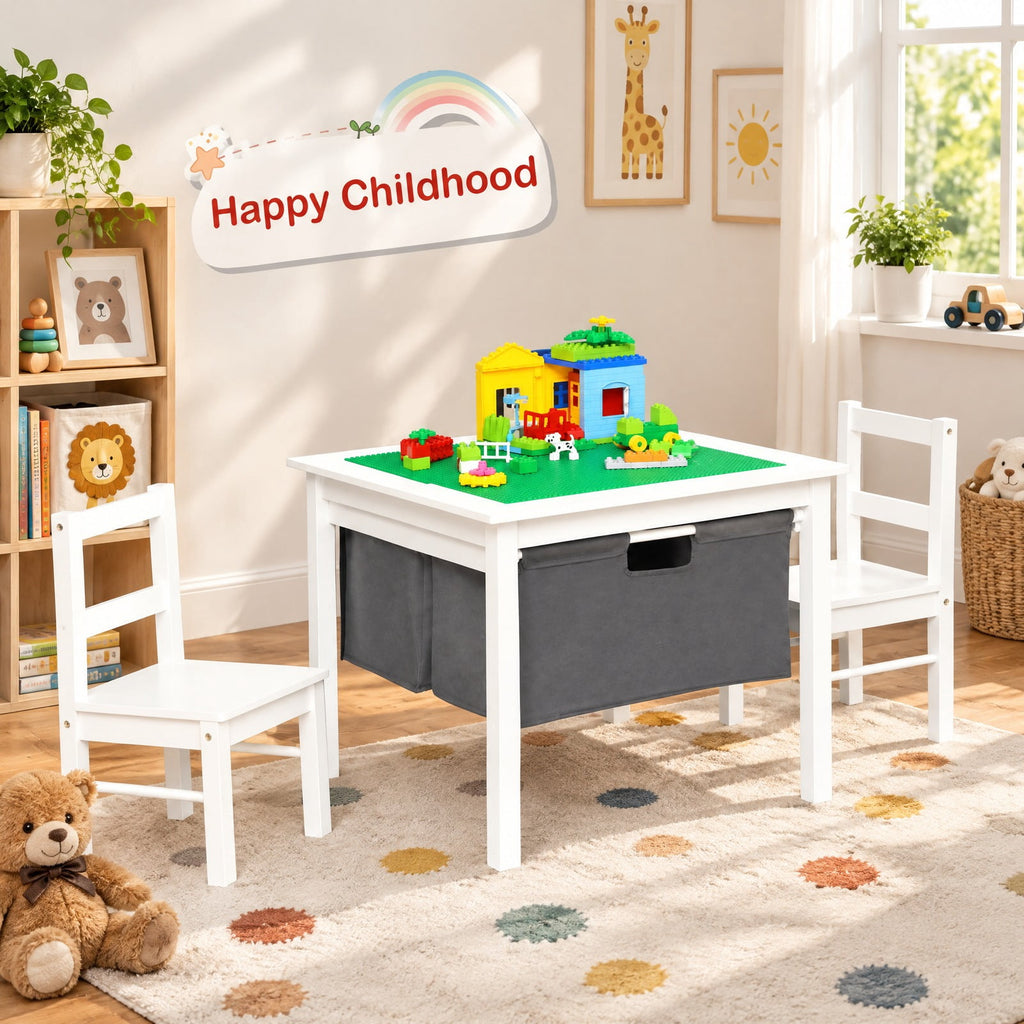Airfind 2-in-1 Youth Activity Table and 2 Chairs Set with Storage Building Block Table, 200 Lbs Capacity, MDF Non-woven Fabric, for 3-8 Years, White