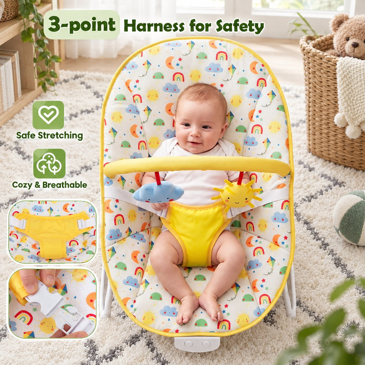 Airfind Portable Nursery Bouncer, Nursery Rocker Seat with Detachable Toy Bar, 20 lbs Capacity, Peach Velvet Fabric Polyester Metal ABS TPE, Yellow