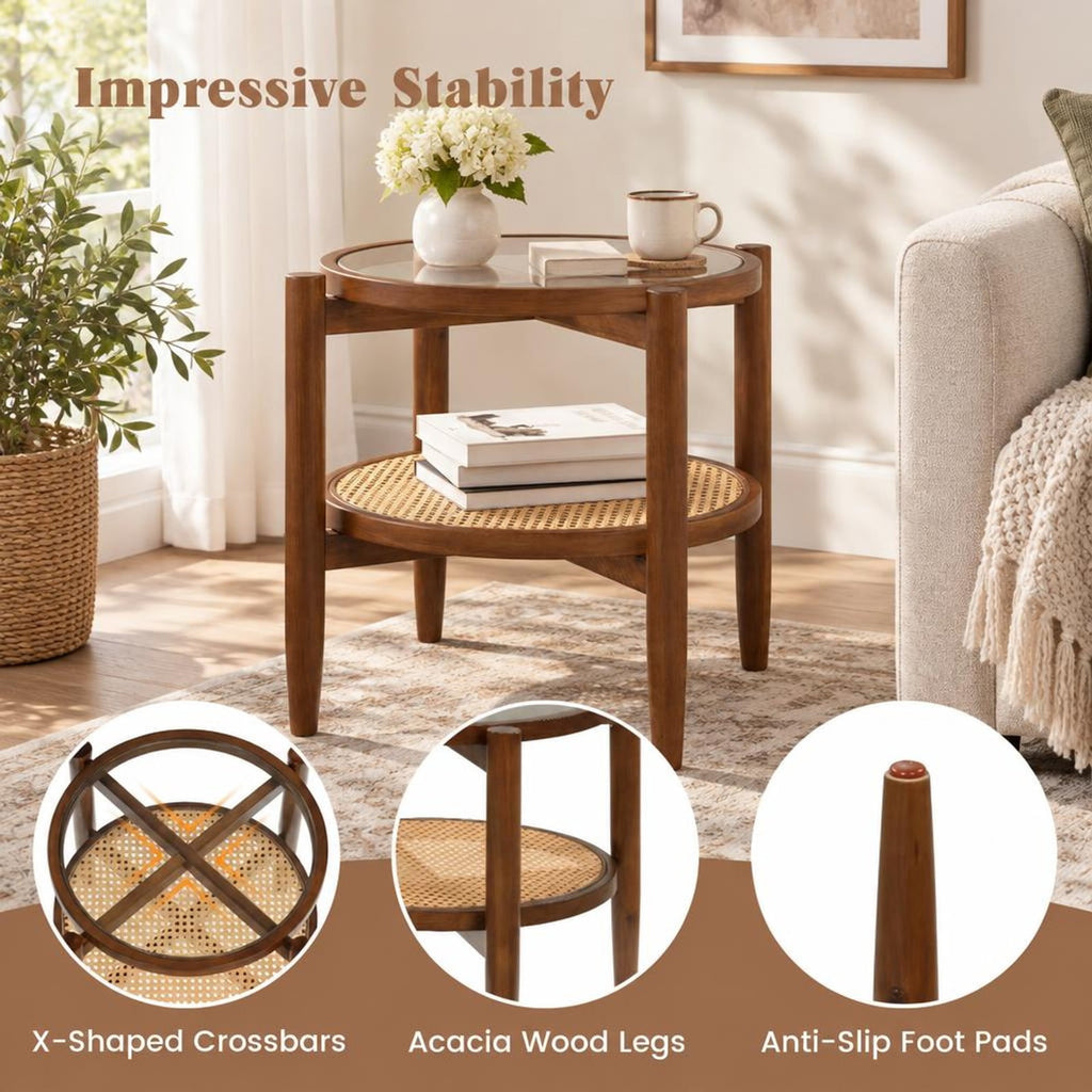 Airfind Rattan Round Side End Table with Tempered Glass Tabletop, 77 Lbs Capacity, Acacia Wood Plywood Tempered Glass PE Rattan, Walnut