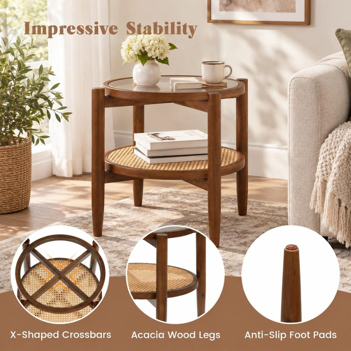 Airfind Rattan Round Side End Table with Tempered Glass Tabletop, 77 Lbs Capacity, Acacia Wood Plywood Tempered Glass PE Rattan, Walnut