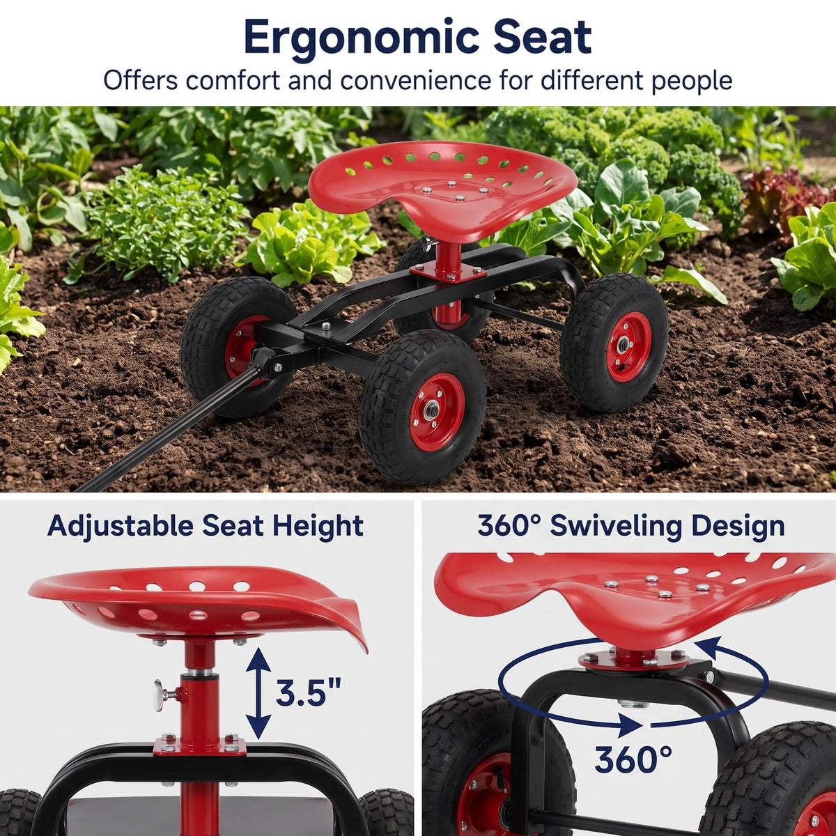 Airfind Heavy Duty Garden Cart with Tool Tray and 360 Swivel Seat, 330 lbs Capacity, Steel Rubber Plastic Frame, 38 x 17 x Footprint, Red