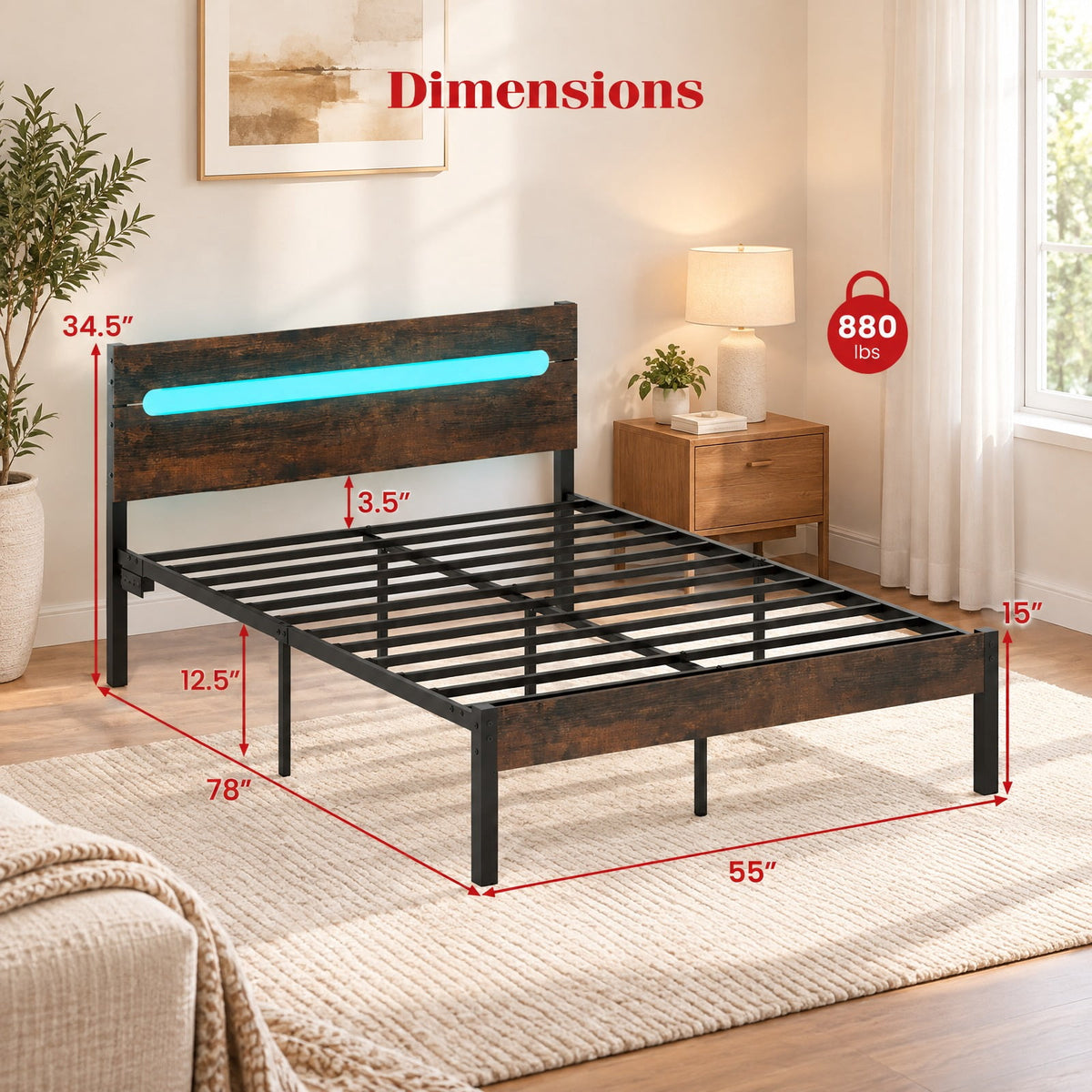 Airfind Heavy-Duty Metal Slats Support Bed Platform with Charging Station, 880 lbs Capacity, Metal Engineered Wood Frame, Brown