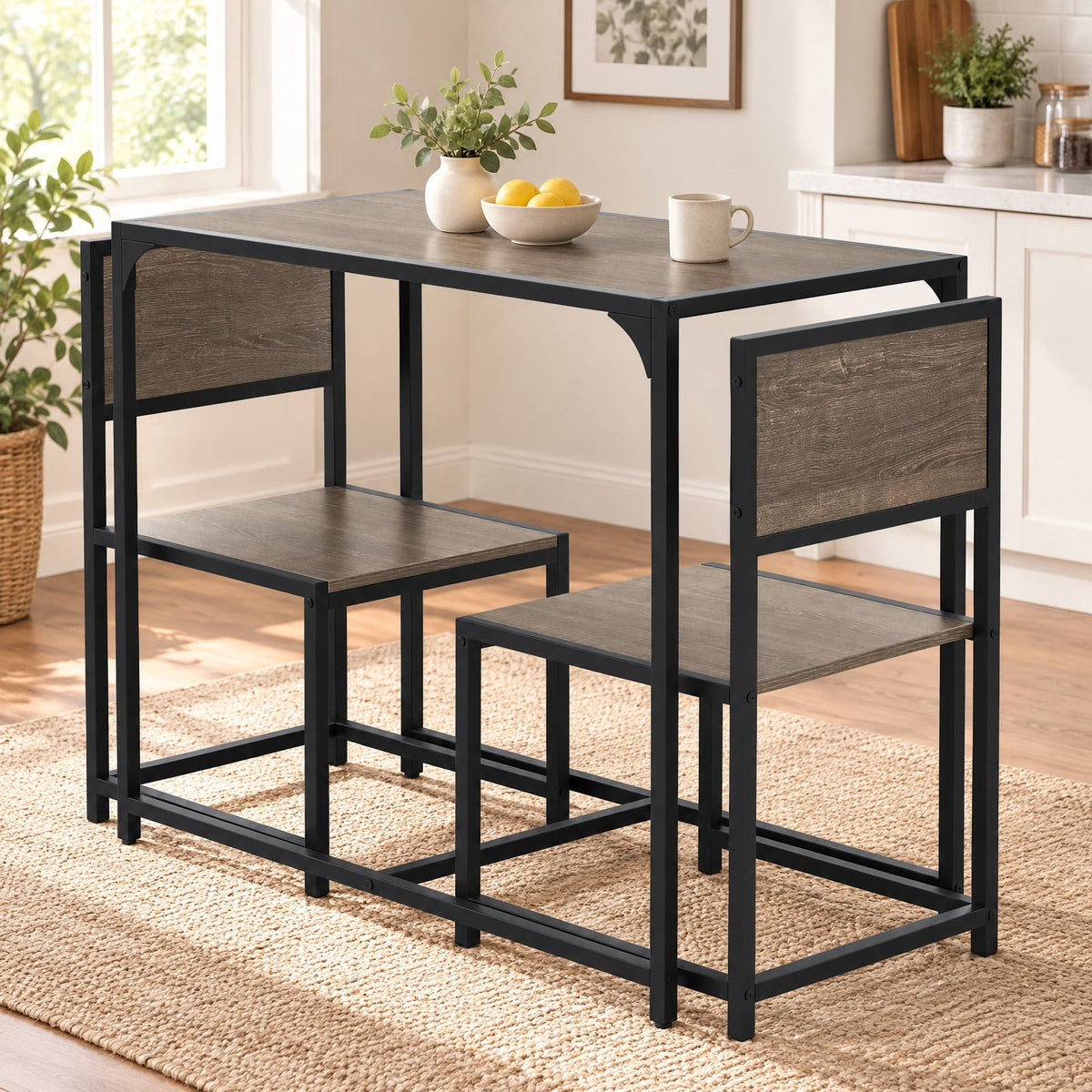 Airfind 3 Pieces Dining Set Compact Table and 2 Chair with Metal Frame for Small Space, 200 lbs Capacity, Engineered Wood Metal Frame, Rustic Brown