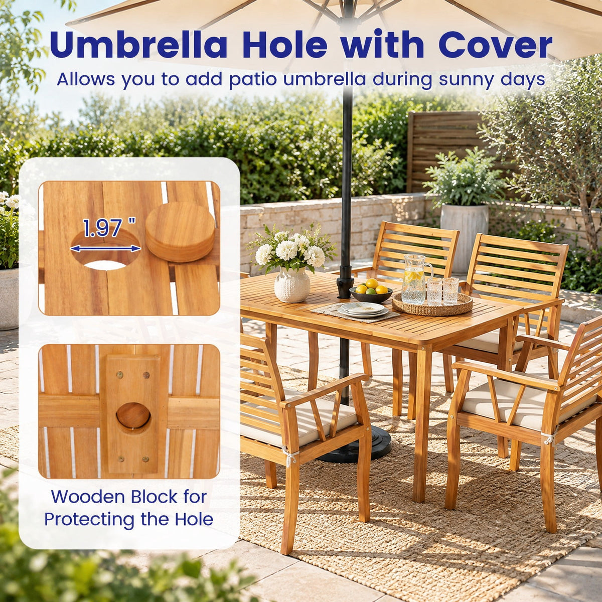 Airfind 63 inch Outdoor Dining Table with Umbrella Hole Farmhouse Bistro Dinette Furniture, 165 lbs Capacity, Acacia Wood Frame, Natural